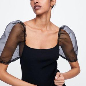 Zara Organza Black Puff Sleeve Crop